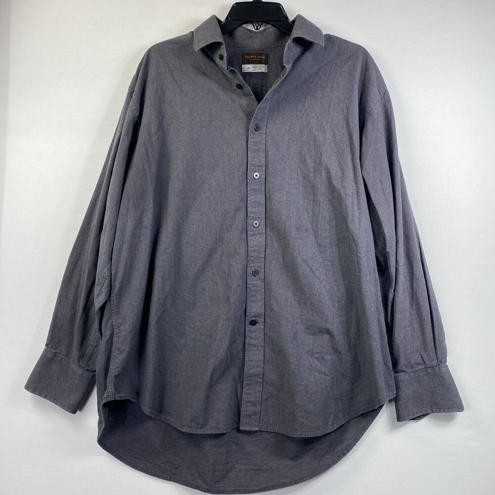 Thomas Dean Mens Size 17R Shirt Dark Gray Long Sleeve Button Down Dress Shirt